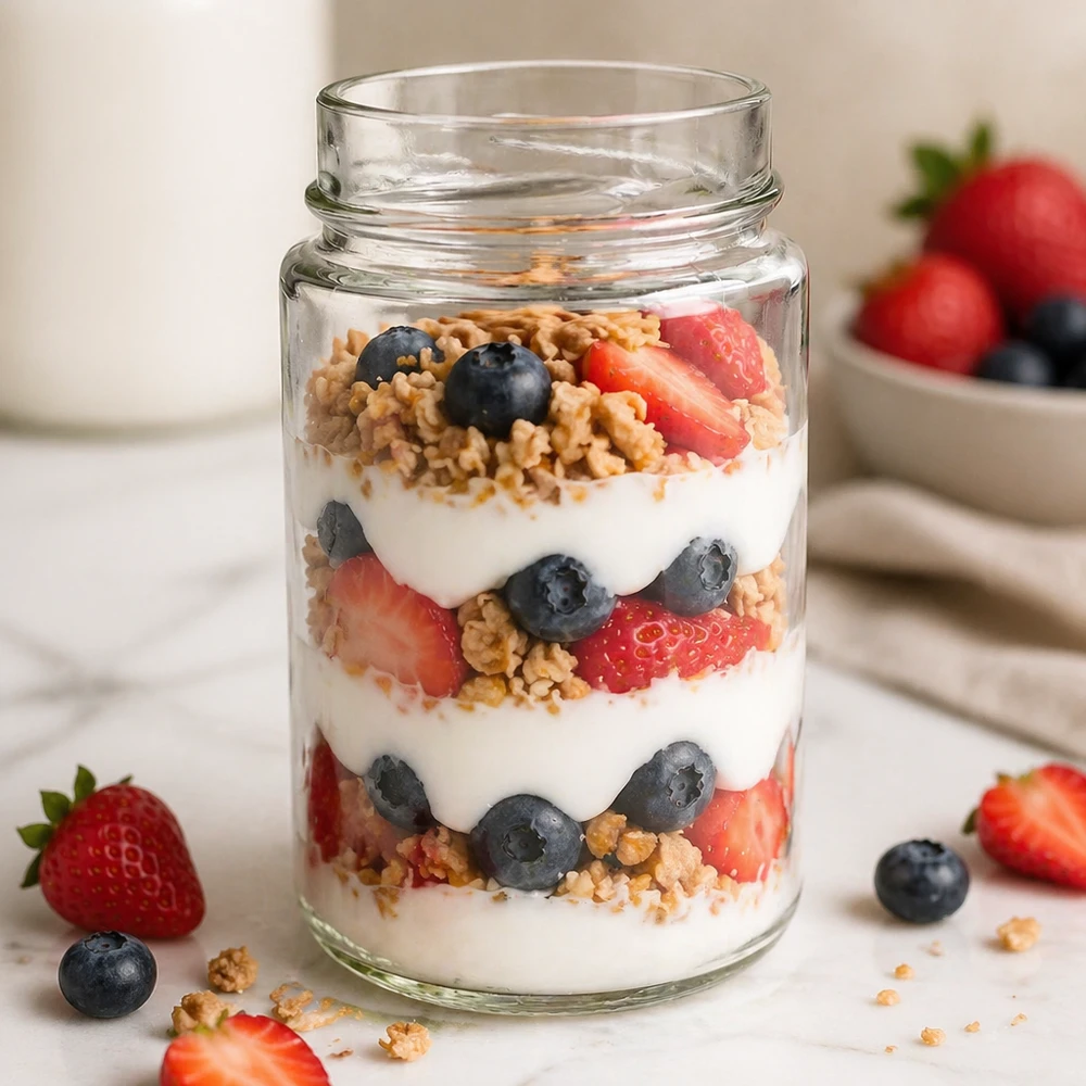 UNiTWIST Runda245 Rundglas 245ml mit Joghurt Müsli Erdbeeren Blaubeeren geschichtet TO58deep Deckel Glas Vorratsdose