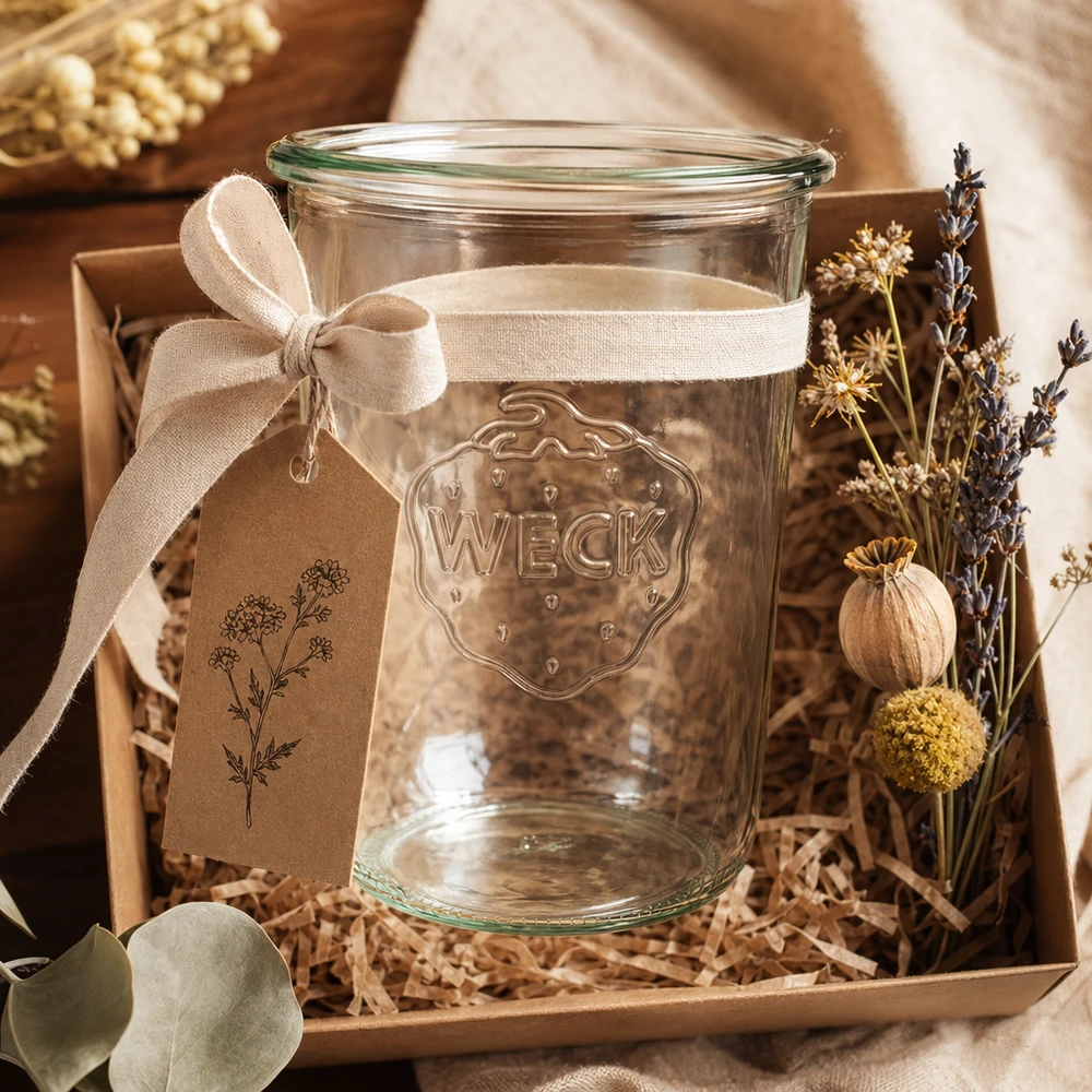 850ml WECK Sturzglas RR100 mit Schleifenband und getrockneten Blumen in Geschenkbox auf Holzhintergrund