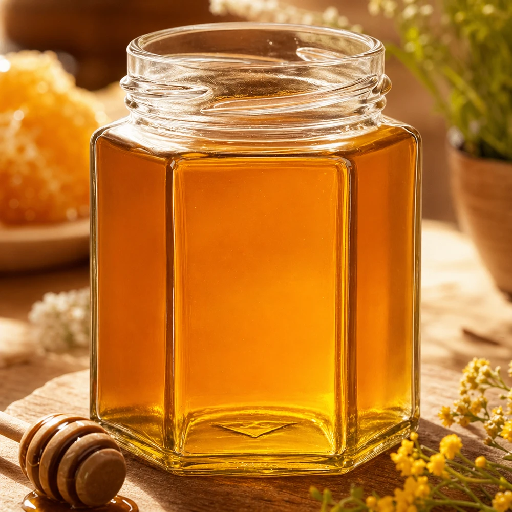 UNiTWIST Hexa196 sechseckiges Honigglas 196ml TO5 mit goldenem Honig gefüllt auf Holztisch mit Honiglöffel