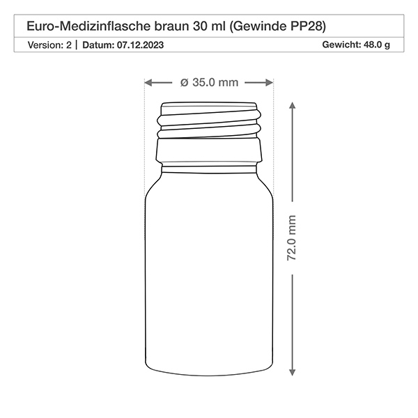 30ml Medizinflasche braun, ohne Verschluss PP28 ApoGlas 30ml braune Medizinflasche aus Glas ohne Verschluss PP28 Gewinde für professionelle pharmazeutische Anwendung