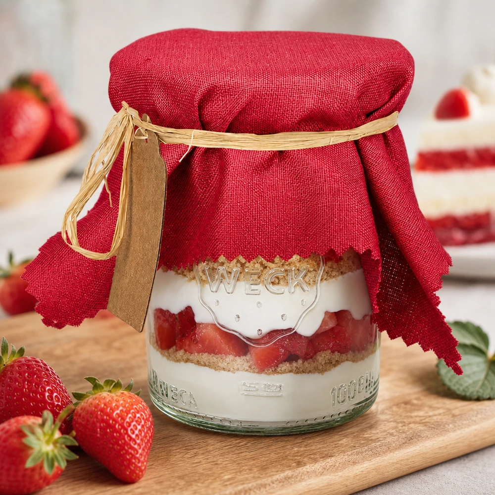 Stoff Schmuckdeckchen bordeaux 15cm eckig Bordeauxrotes 15cm Stoff Schmuckdeckchen auf Schichtkuchen-Glas mit frischen Erdbeeren und Holzbrett-Dekoration