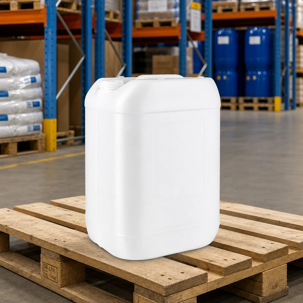 Weißer HDPE-Kanister 25 Liter ohne Verschluss auf Europalette im Lager für gewerblichen Einsatz