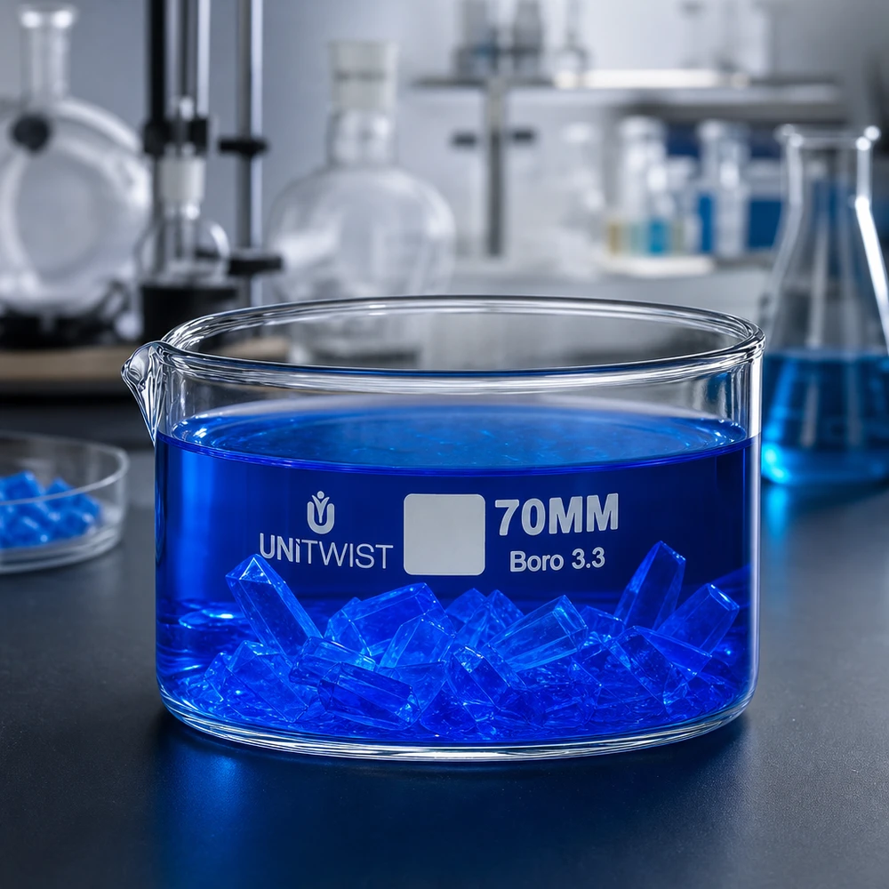Kristallisierschale 70mm Borosilikatglas Boro 3.3 UNiTWIST für Labor und Gewerbe mit blauer Lösung
