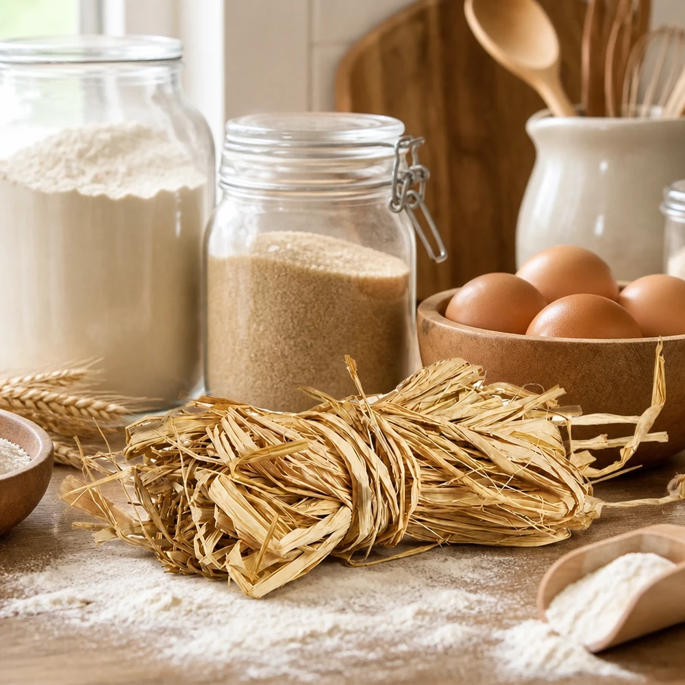 Naturbast zum Dekorieren 30g Naturbast 30g goldbeige als Küchenhelfer für Pasta-Bündel neben Eiern und Mehl zeigt traditionelle Verwendung