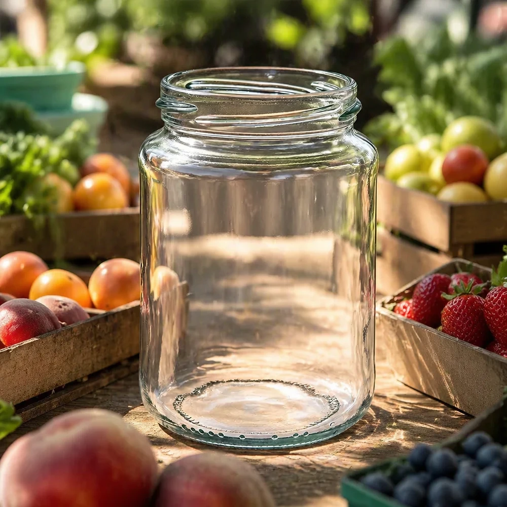 Leeres UNiTWIST Runda382 Rundglas 382ml TO66 Einmachglas auf Holztisch mit frischen Früchten und Gemüse im Hintergrund