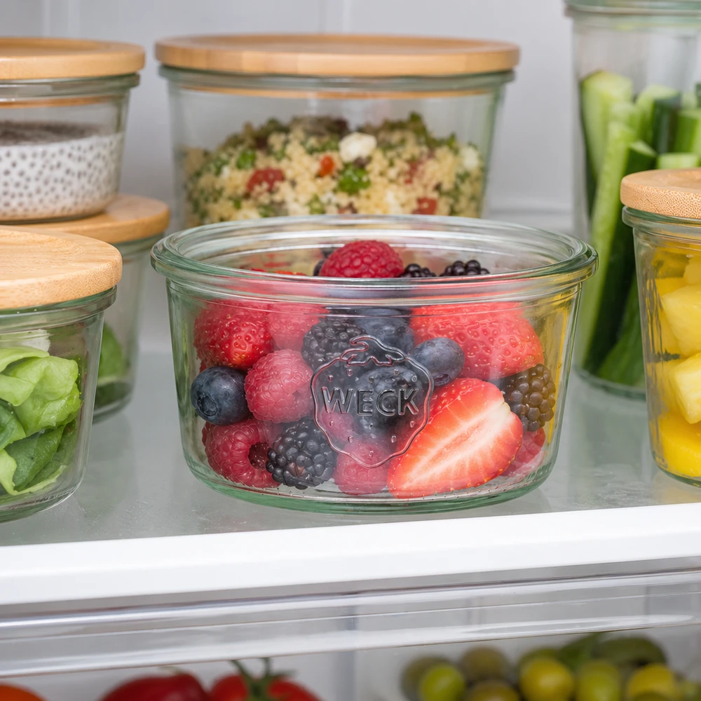 WECK Sturzglas 165ml RR80 mit gemischten Beeren im Kühlschrank, Meal Prep Glas mit Holzdeckel