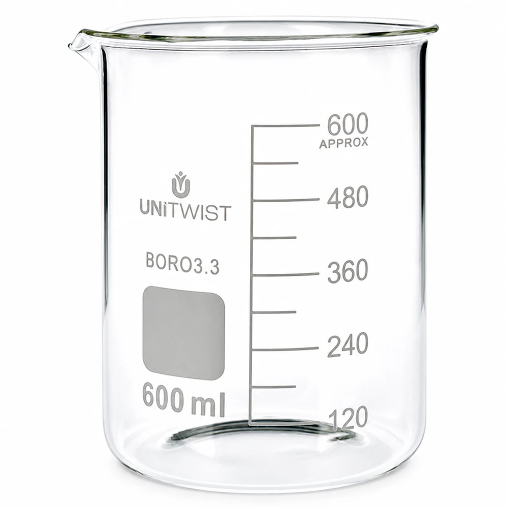 Becherglas 600ml Borosilikat, niedrige Form UNiTWIST Becherglas 600ml Borosilikat 3.3 niedrige Form UNiTWIST für professionellen Laboreinsatz
