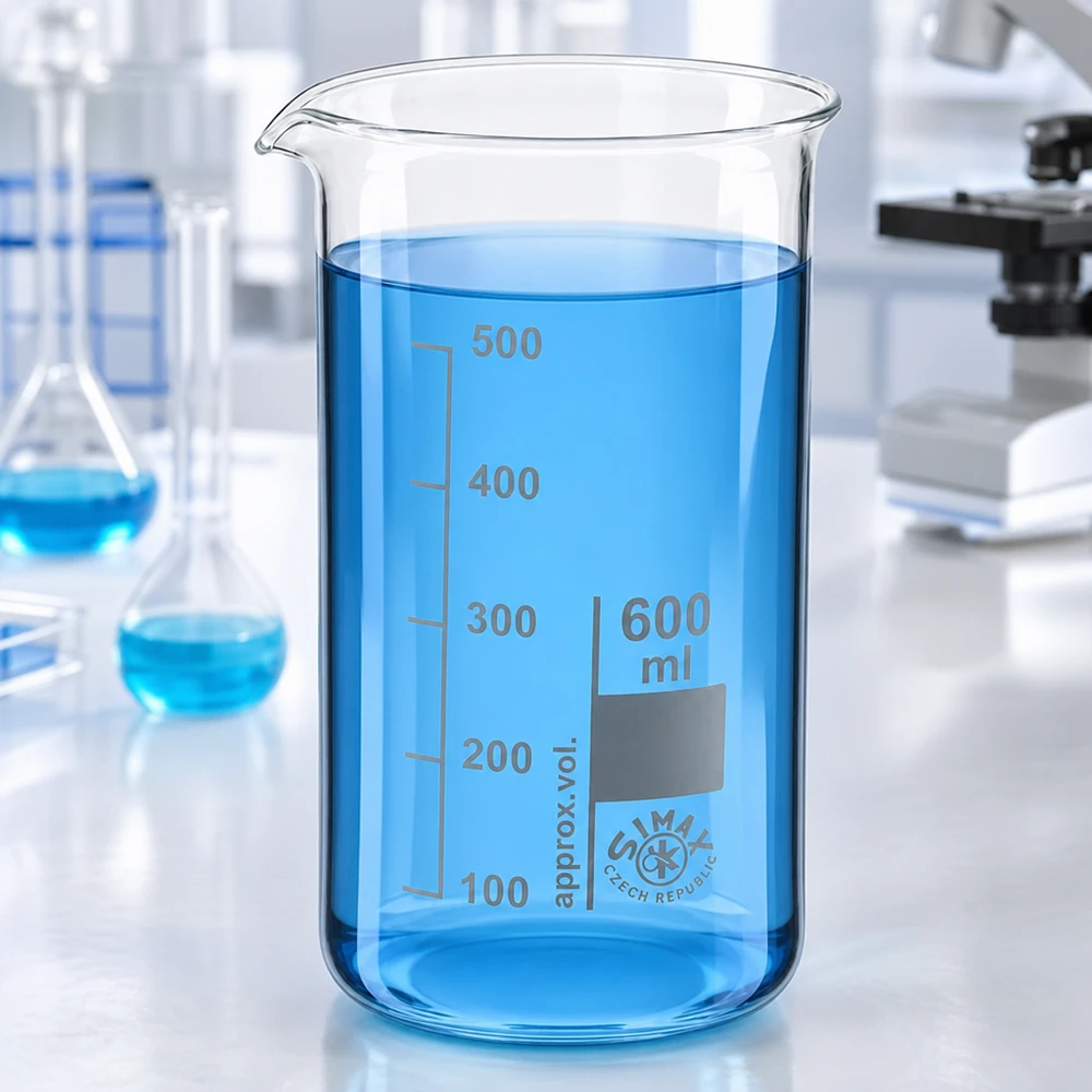 Becherglas 600 ml hohe Form aus Borosilikatglas mit blauer Flüssigkeit im Labor von Simax