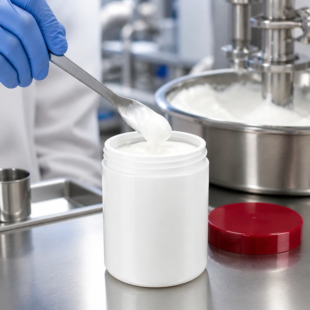 Salbenkruke 150g weiß PP-Kunststoff mit rotem Schraubdeckel für pharmazeutische und kosmetische Abfüllung