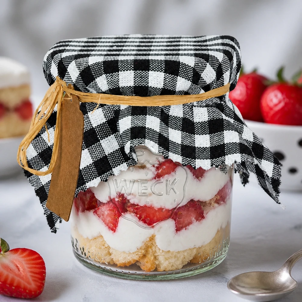 Stoff Schmuckdeckchen schwarz-kariert 15cm eckig Schmuckdeckchen schwarz-weiß kariert auf Dessert-Weckglas mit Erdbeeren und Sahne rustikale Dekoration 15cm eckig