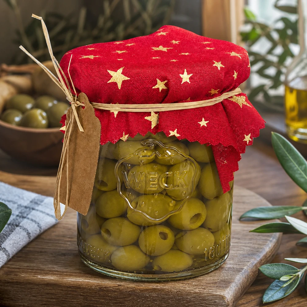 Stoff Schmuckdeckchen rot Sterne-Muster 12cm auf Olivenglas mediterrane Küchendeko Einweckglas mit Anhänger