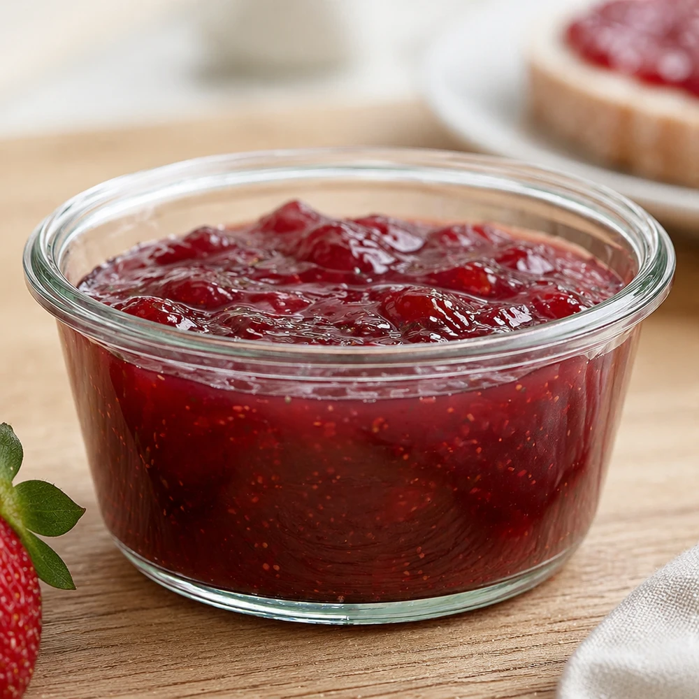 WECK RR100 290ml Gourmetglas mit Erdbeermarmelade befüllt auf Küchenbrett neben Erdbeere und Brot mit Konfitüre