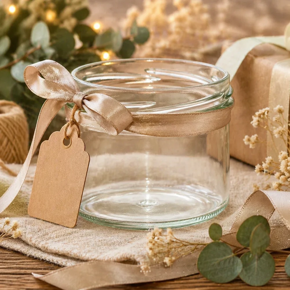 UNiTWIST Sturz225 Sturzglas 225ml TO82 leer mit goldener Schleife und Geschenkanhänger auf rustikalem Holztisch