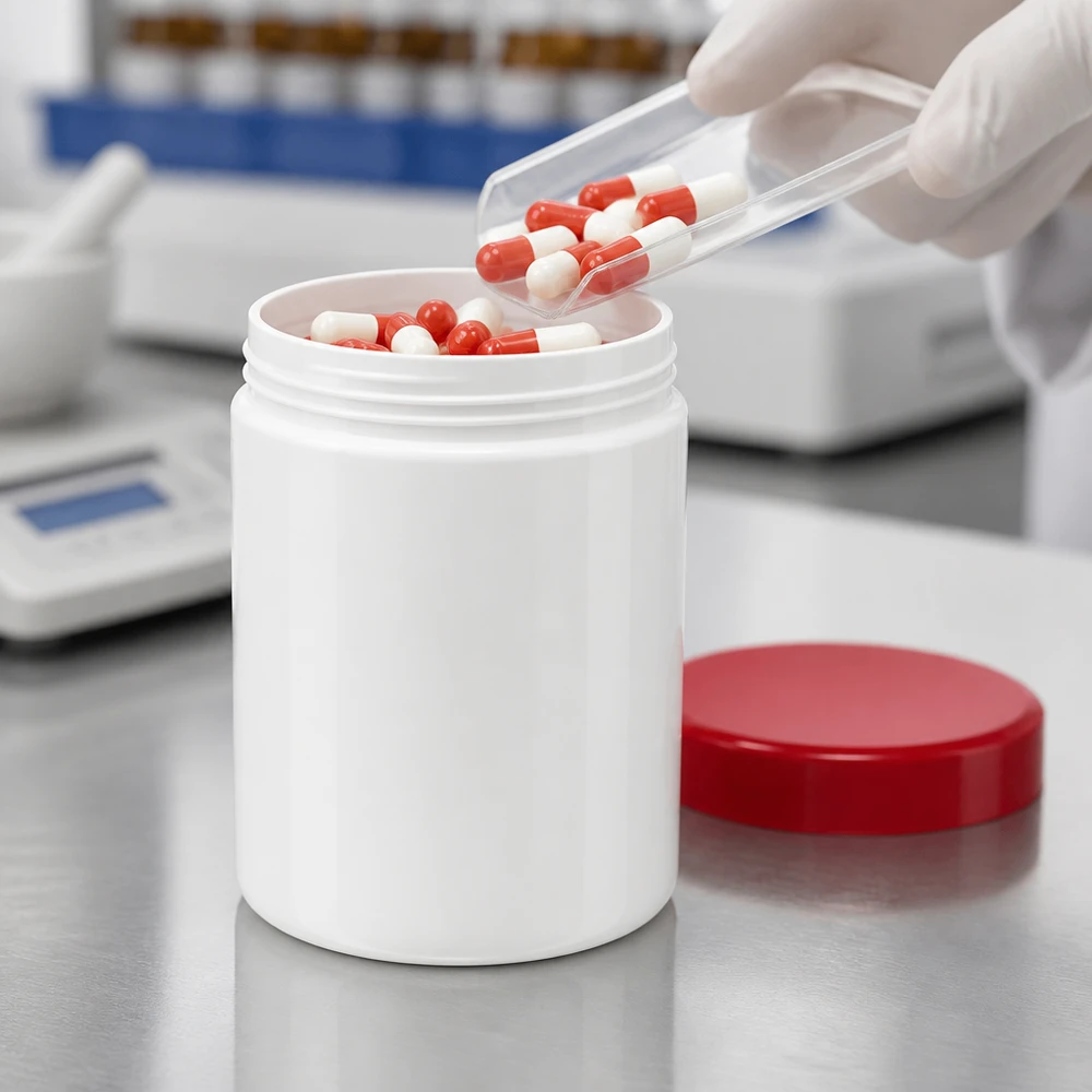 Salbenkruke 800g weiß mit rotem Schraubdeckel (Polypropylen) Salbenkruke 800g weiß Kunststoff PP mit rotem Schraubdeckel für pharmazeutischen Laboreinsatz