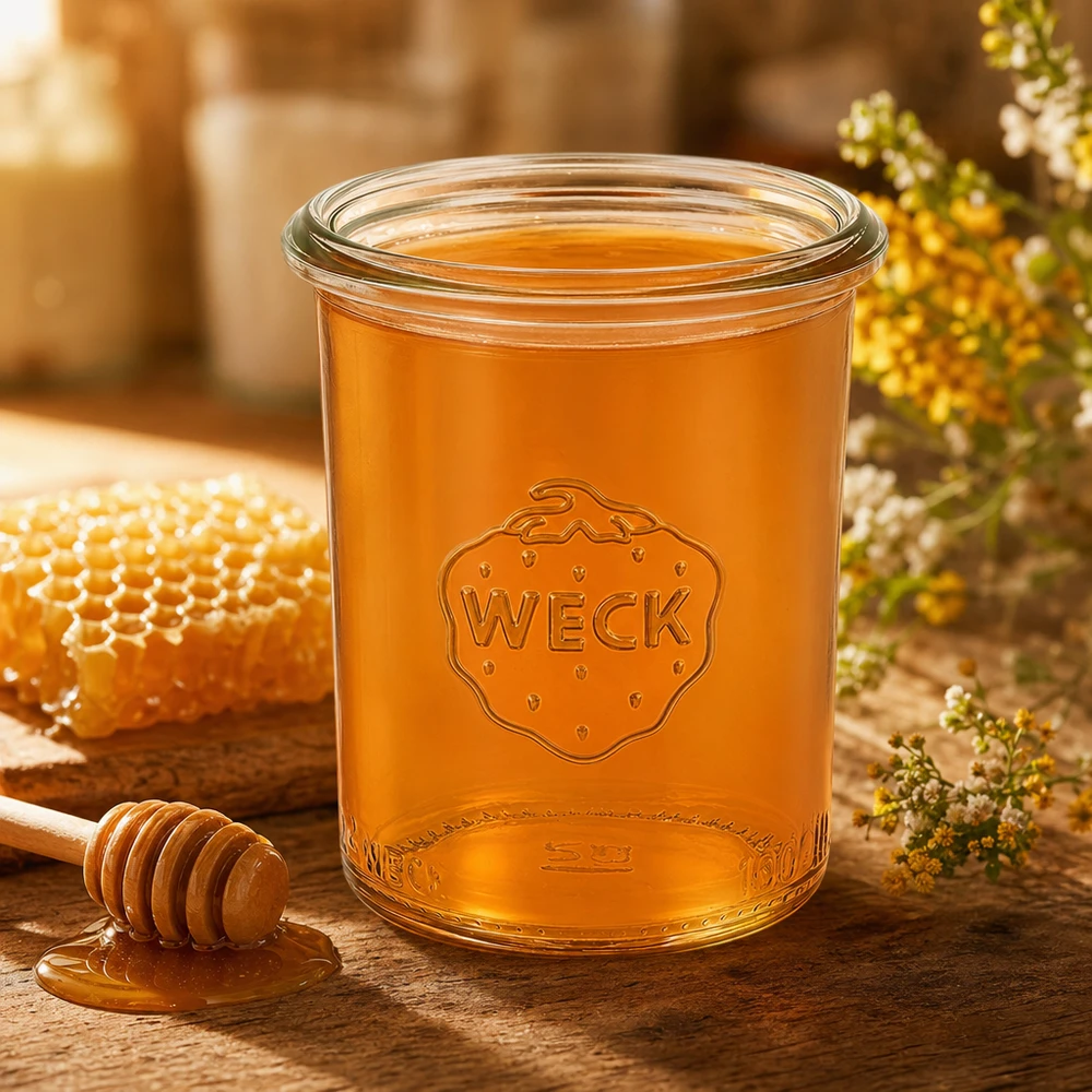 160ml Sturzglas WECK RR60 mit Honig gefüllt auf Holztisch mit Bienenwabe und Honiglöffel natürliche Dekoration