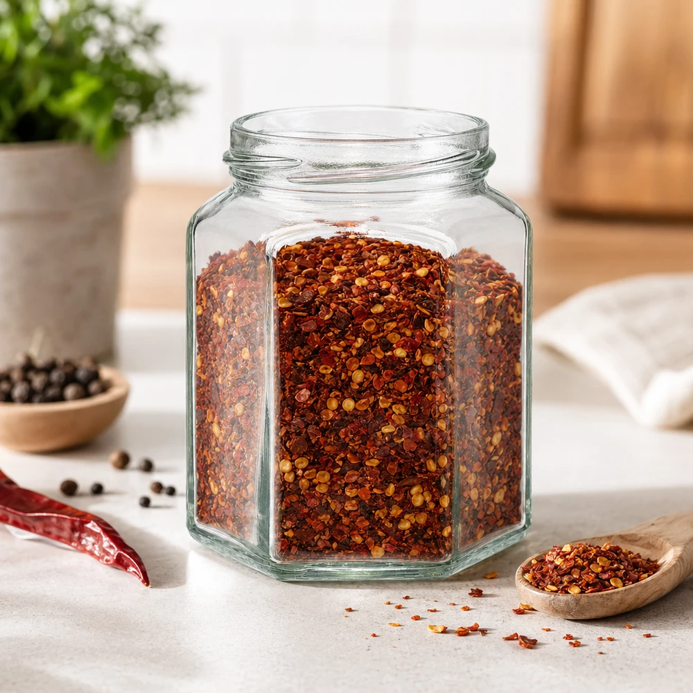 UNiTWIST Hexa288 sechseckiges Glasgefäß 288ml mit Chilliflocken gefüllt in moderner Küche