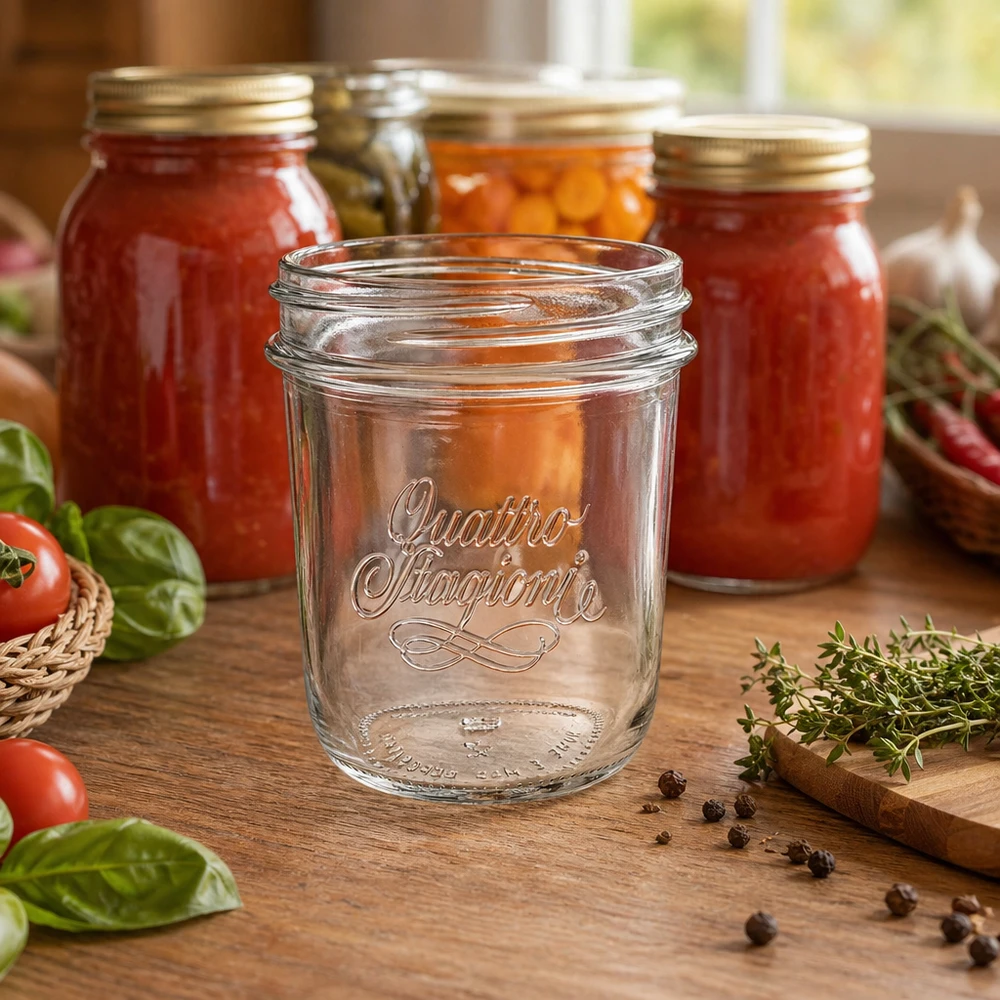 320ml Sturzglas "Quattro Stagioni" QS86mm 320ml Sturzglas Quattro Stagioni mit QS86mm Gewinde auf Holztisch vor Einmachgläsern mit Tomaten und Kräutern