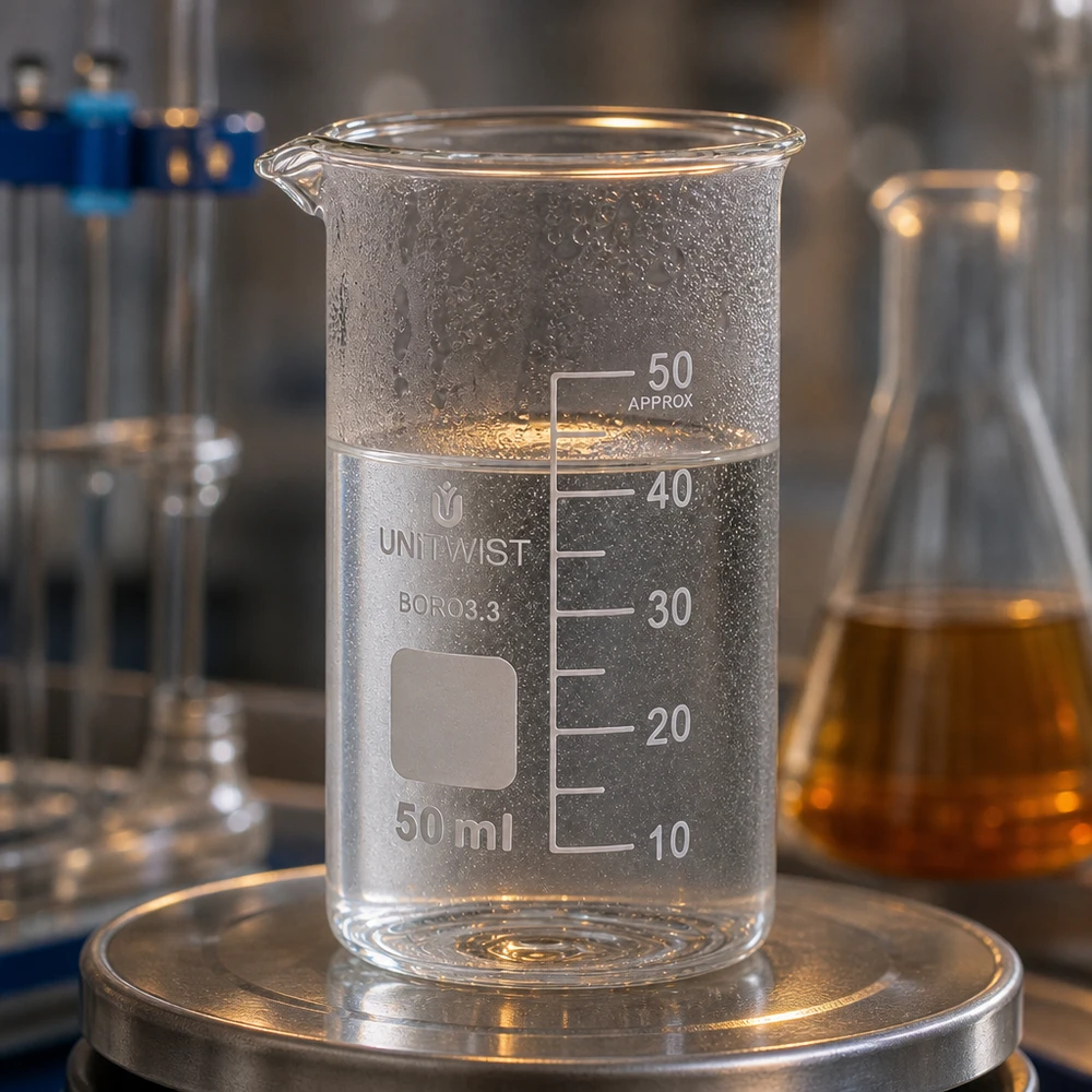 Becherglas 50ml Borosilikat, hohe Form UNiTWIST Becherglas 50ml Borosilikat hohe Form UNITWIST im Labor auf Waage mit Messskala