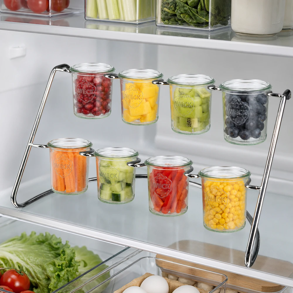 Serviergestell Flato8 für 8 WECK Sturzgläser Serviergestell Flato8 im Kühlschrank mit frischen Gemüse und Obst in WECK Sturzgläsern zur praktischen Aufbewahrung