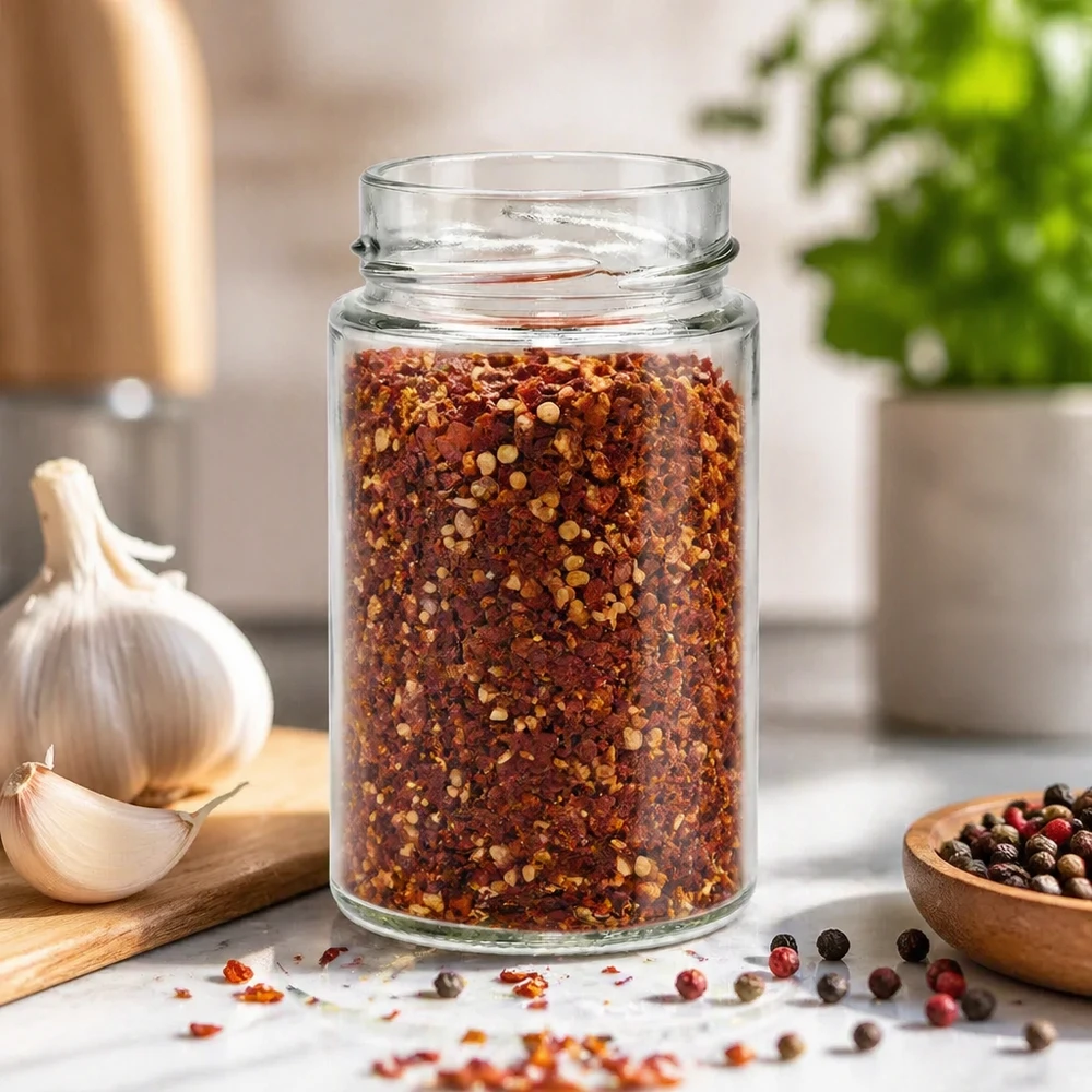 UNiTWIST Runda245 Rundglas 245ml TO58deep mit Chili-Gewürzmischung gefüllt in moderner Küche mit Knoblauch