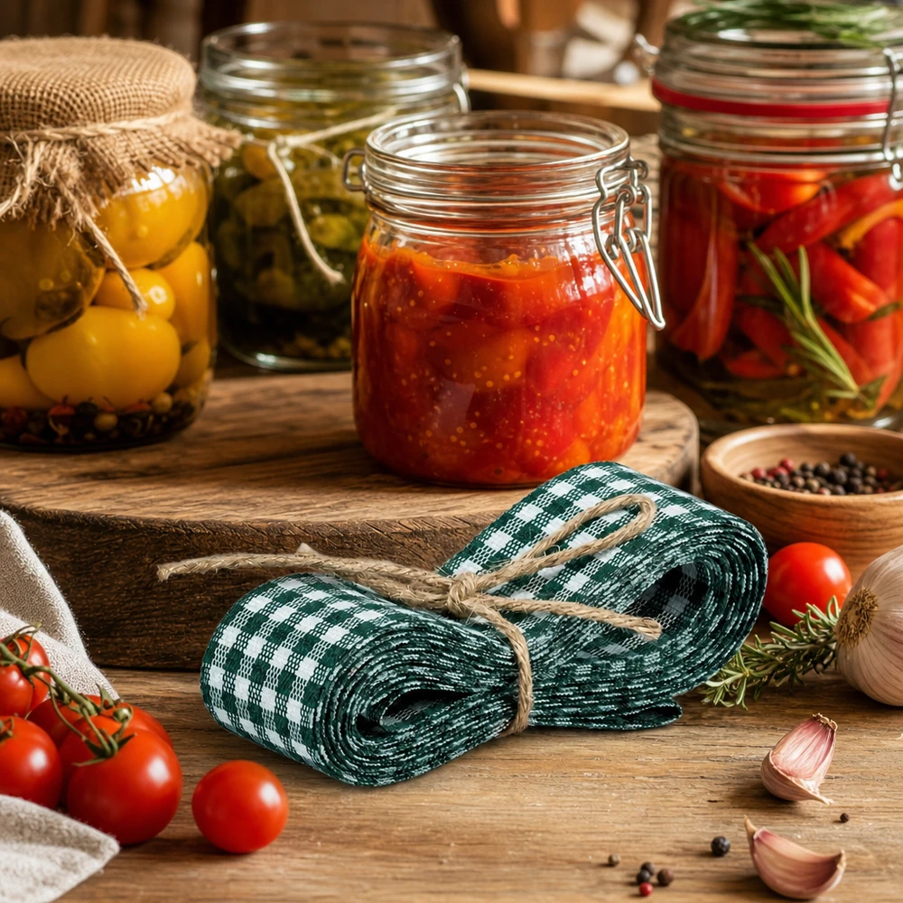 Stoffband grün/weiss zum Dekorieren 300cm Grün-weißes Dekoband 300cm in rustikaler Küche mit Einmachgläsern und frischen Tomaten als Deko-Inspiration