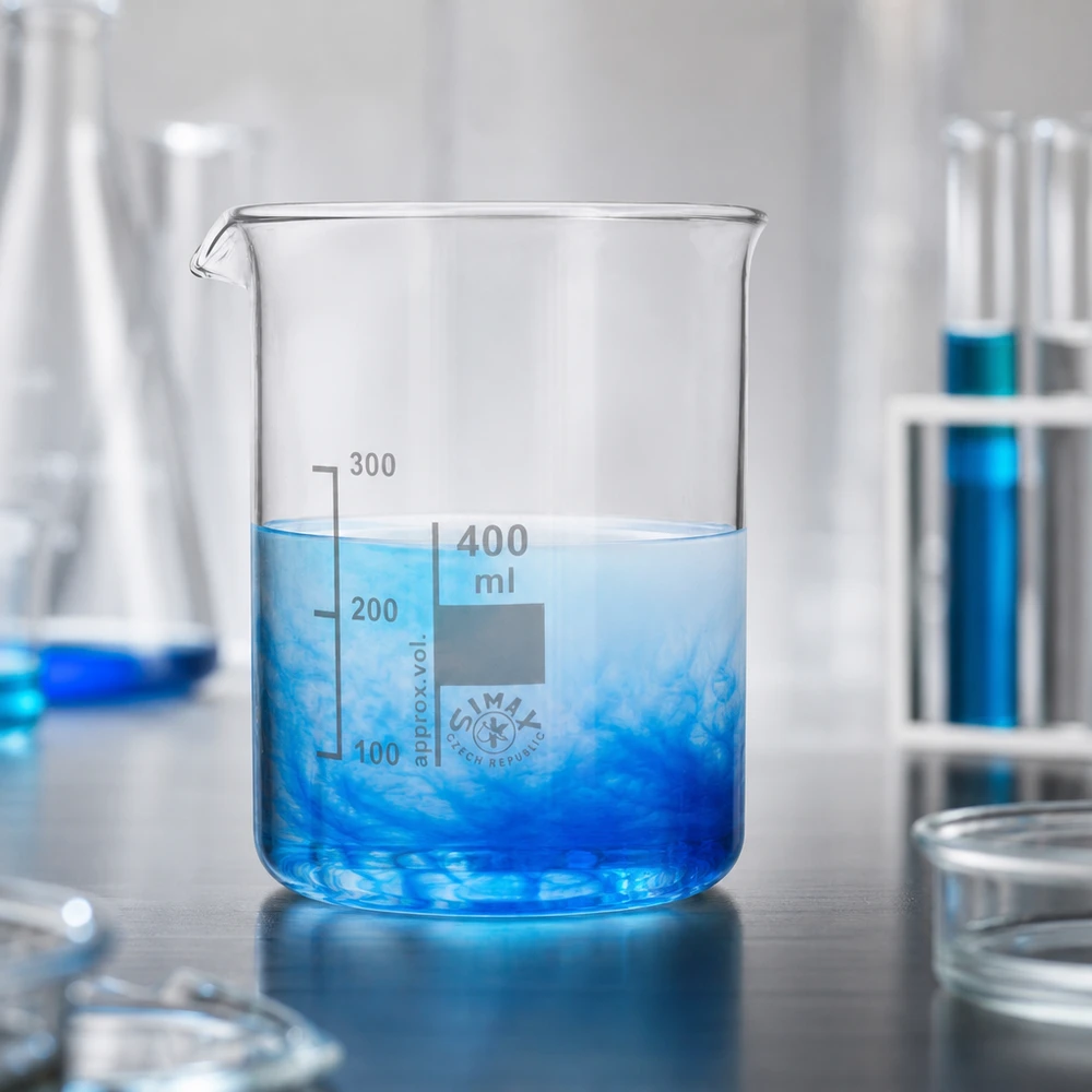 Becherglas 400ml Borosilikatglas niedrige Form für Labor und Industrie mit blauer Flüssigkeit gefüllt