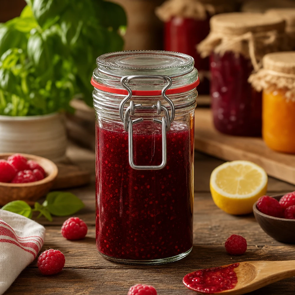 272ml Vorratsglas mit Bügelverschluss und roter Dichtung gefüllt mit Marmelade für professionelle Lebensmittelaufbewahru