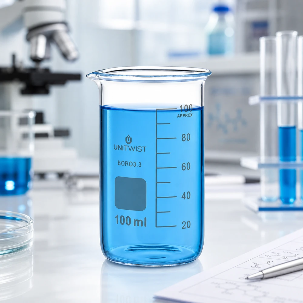 Becherglas 100ml Borosilikat hohe Form UNITWIST für Labor und Gewerbe mit Skala