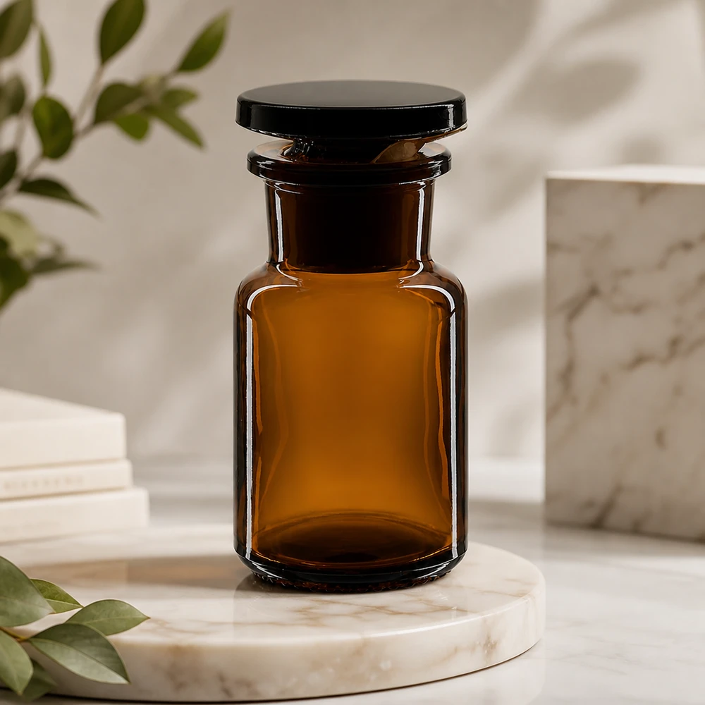 Braune Weithals-Rundschulterflasche 50ml aus Glas mit Glasstopfen für professionellen Laboreinsatz