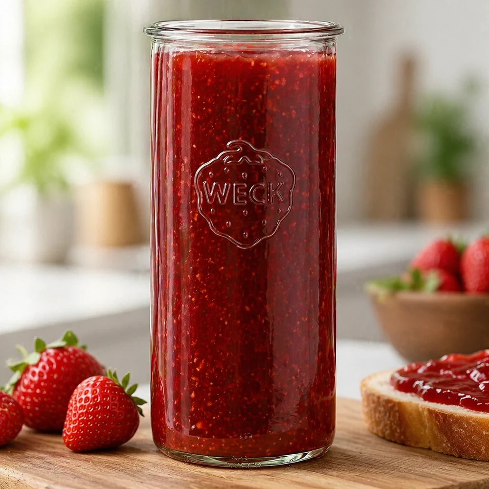 1500ml WECK Sturzglas RR100 mit roter Erdbeermarmelade gefüllt neben frischen Erdbeeren und Brot auf Holztisch