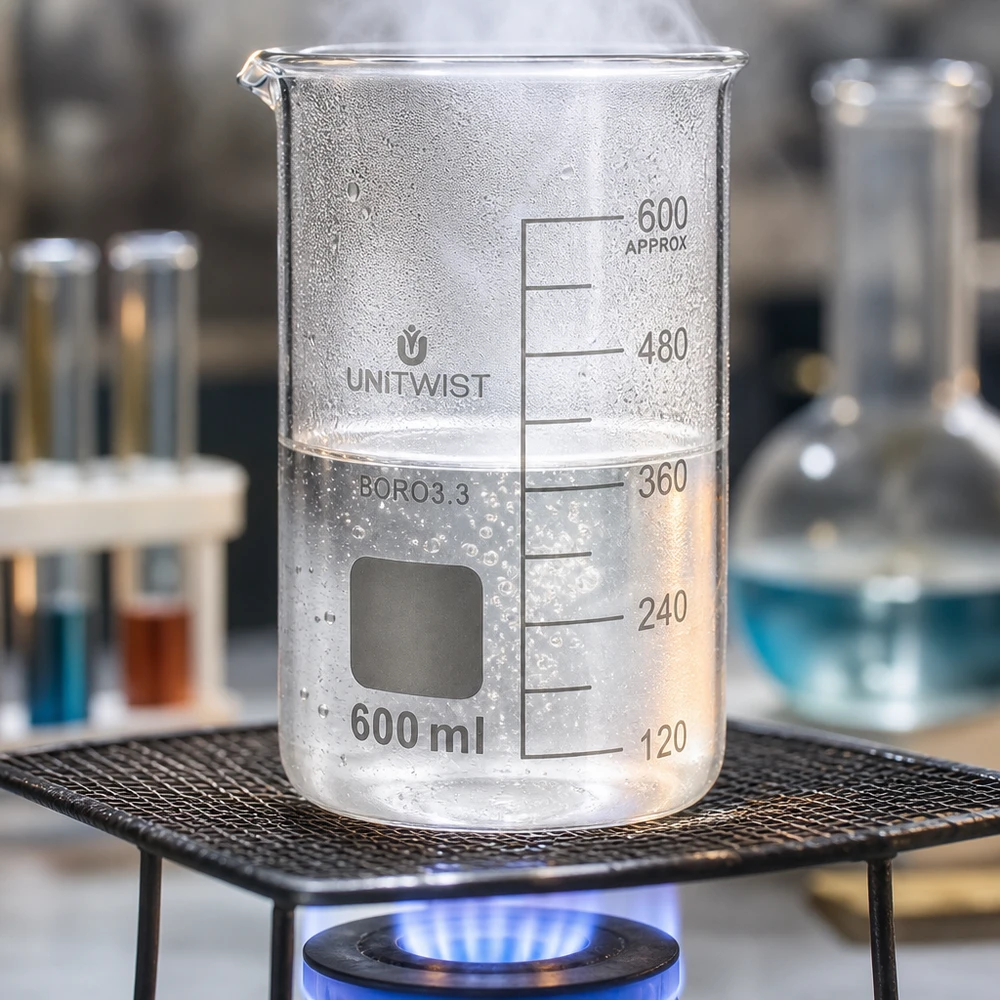 Becherglas 600ml Borosilikat hohe Form UNITWIST auf Bunsenbrenner im Labor professioneller Einsatz