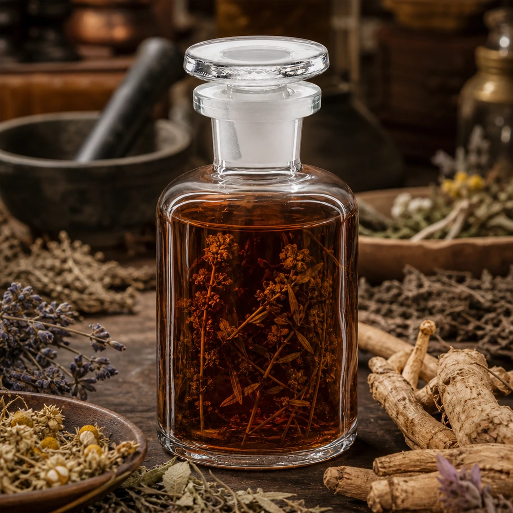 Rundschulterflasche 50ml klar Enghals mit Glasstopfen für Kräutertinkturen und Labor