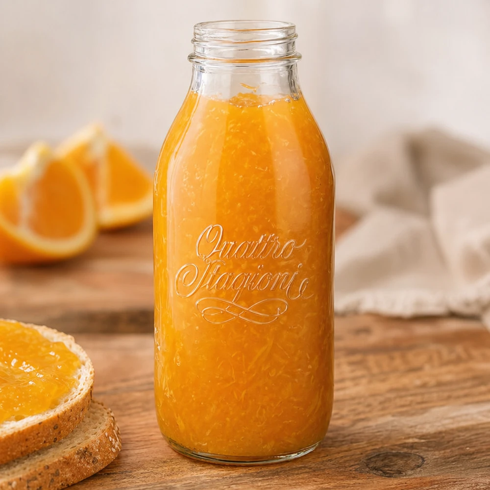 1000ml Weithalsflasche Quattro Stagioni mit frischem Orangensaft auf Holztisch mit Orangenscheiben