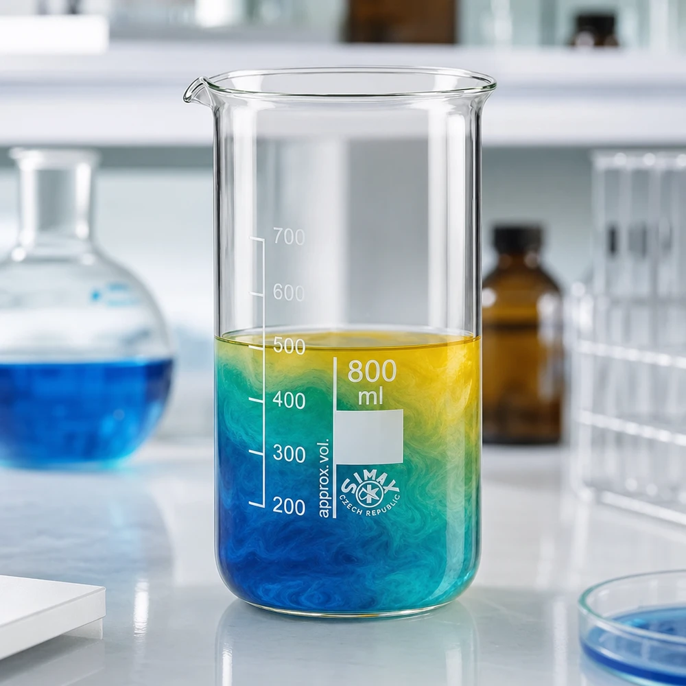 Becherglas 800ml hohe Form Borosilikatglas mit farbiger Flüssigkeit im Labor Profiqualität Pacadura