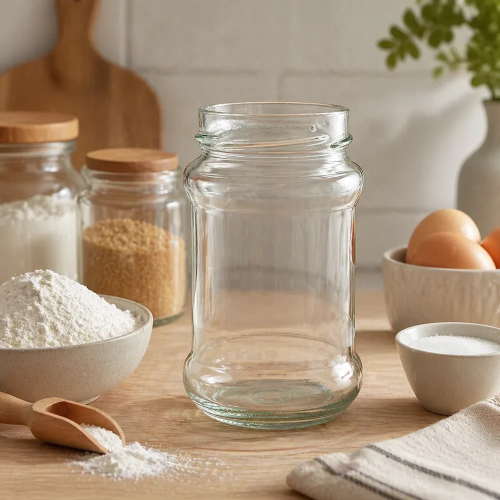 UNiTWIST Runda390 Rundglas 390ml TO66deep leeres Einmachglas auf Holzbrett in Küche mit Backzutaten und Eiern