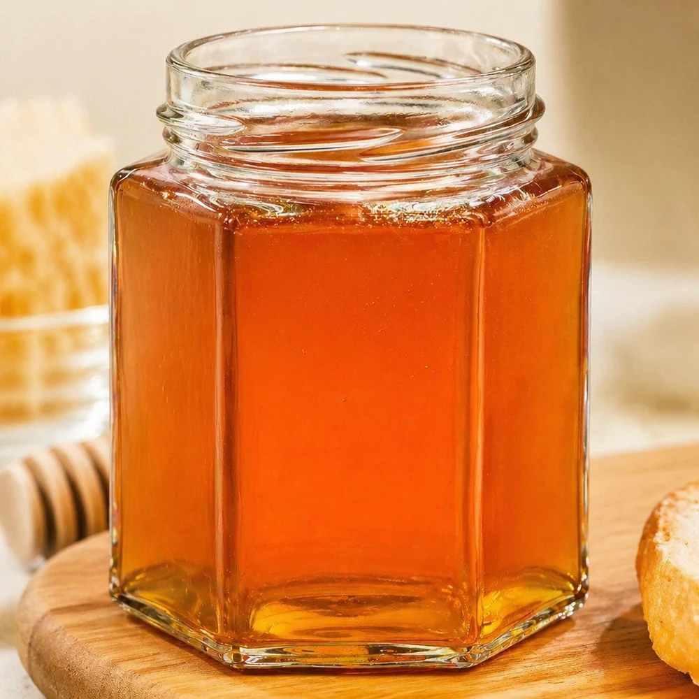 UNiTWIST Hexa196 sechseckiges Honigglas 196ml mit goldenem Honig gefüllt auf Holzuntergrund