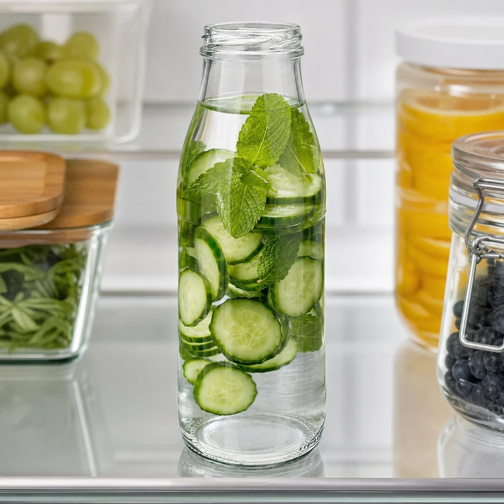 500ml Glasflasche ohne Deckel (TO48) UNiTWIST 500ml Glasflasche TO48 UNiTWIST mit Gurken-Minz-Infusion in modernem Kühlschrank für Gastronomie und Hotellerie
