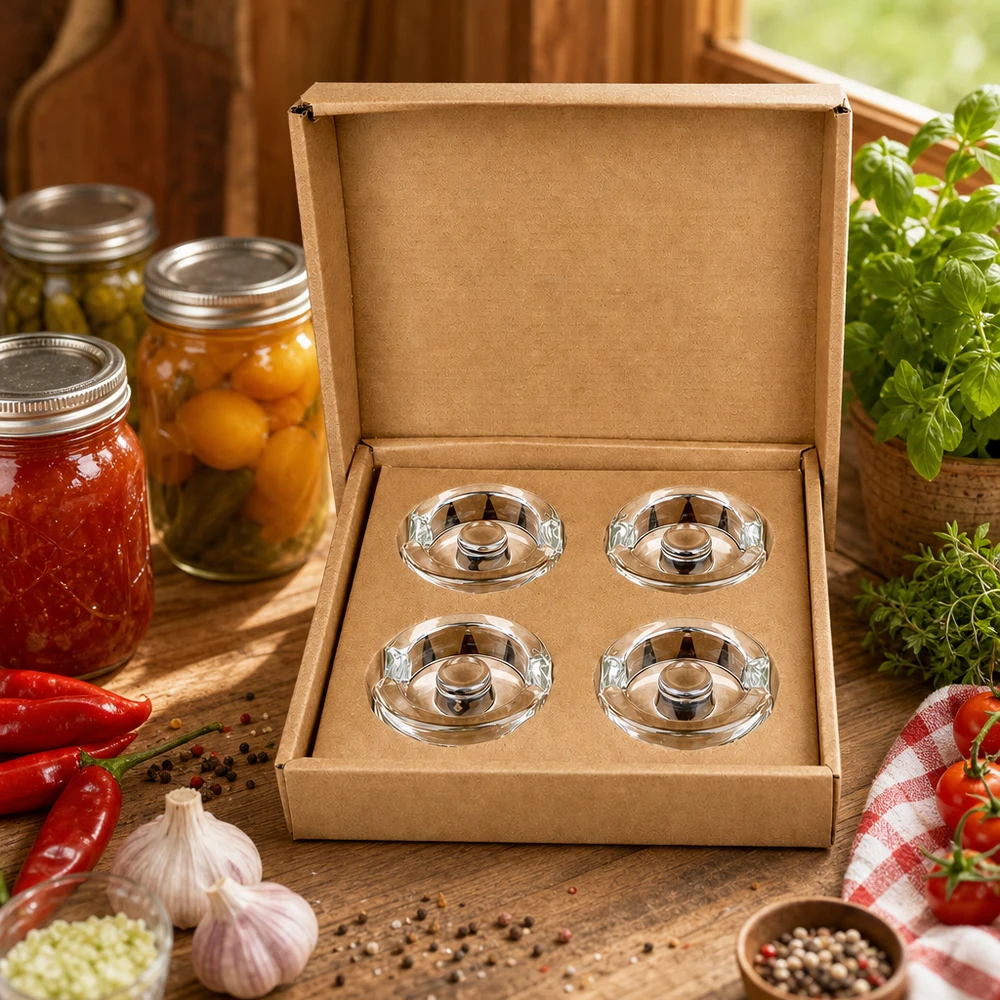 Fermentier-Glasgewichte mit Griff 4er Set UNiTWIST UNiTWIST Fermentier-Glasgewichte 4er Set in Kartonbox mit Einmachgläsern Kräutern und frischem Gemüse für Gastronomie