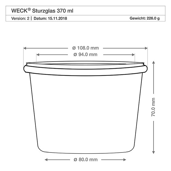 370ml Sturzglas WECK RR100 WECK Sturzglas 370ml RR100 technische Zeichnung Maße Abmessungen 108mm Durchmesser 70mm Höhe Produktspezifikation
