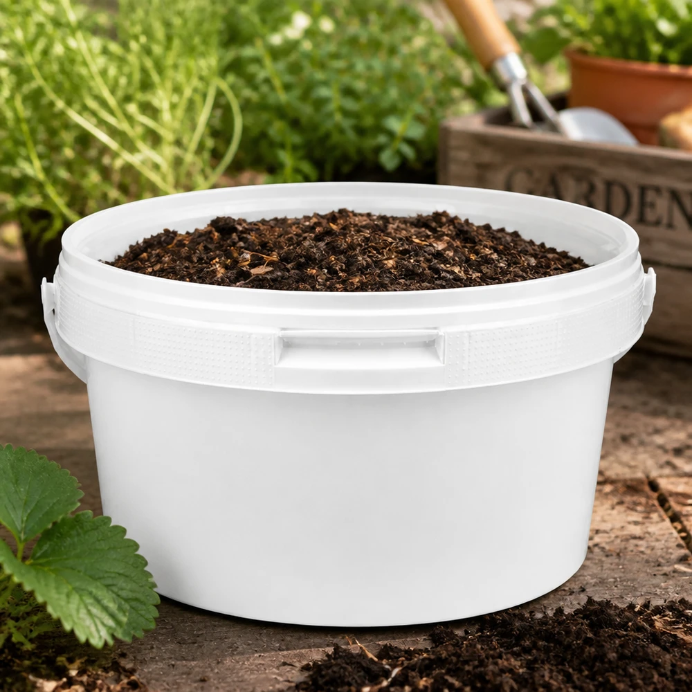 Weißer Kunststoffeimer 3,5L aus PP mit Deckel für professionellen Einsatz im Gartenbau gefüllt mit Erde