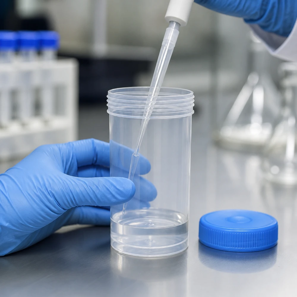 Universal Kunststoffdose (Pathogefäss) 100ml Laborant mit Latexhandschuhen befüllt 100ml Kunststoffdose Pathogefäß mit Transferpipette im Labor
