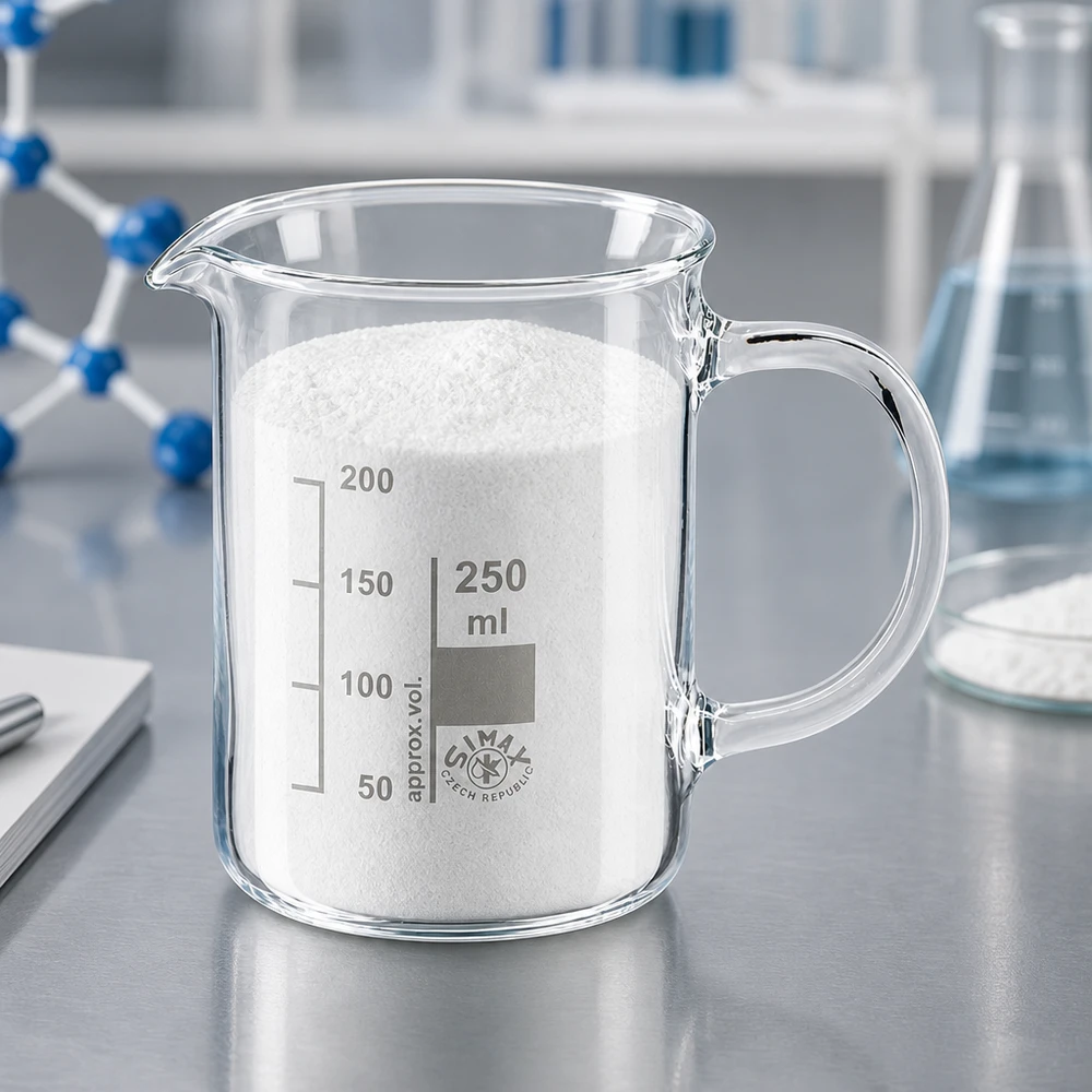 Becherglas 250ml Borosilikatglas, mit Henkel Becherglas 250 ml Borosilikatglas mit Henkel gefüllt mit weißem Pulver im Labor