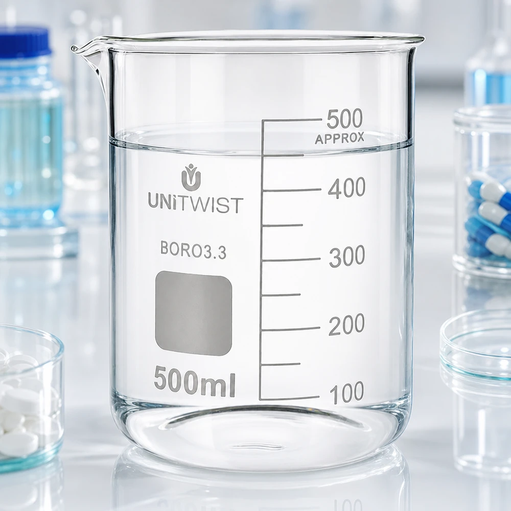 Becherglas 500ml Borosilikat 3.3 niedrige Form UNiTWIST für Labor und Gewerbe