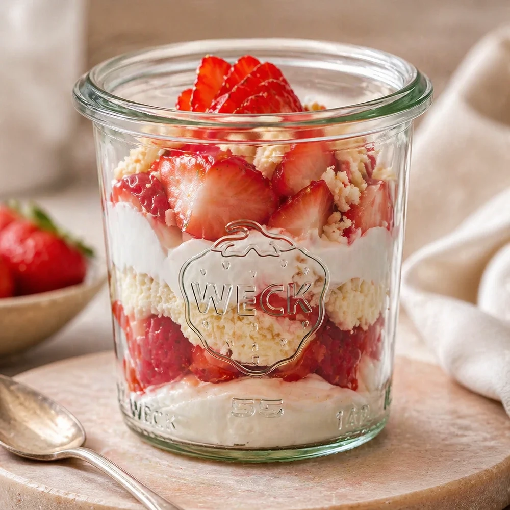 WECK RR60 Sturzglas 140ml mit Erdbeerdessert gefüllt auf Holzbrett mit Löffel
