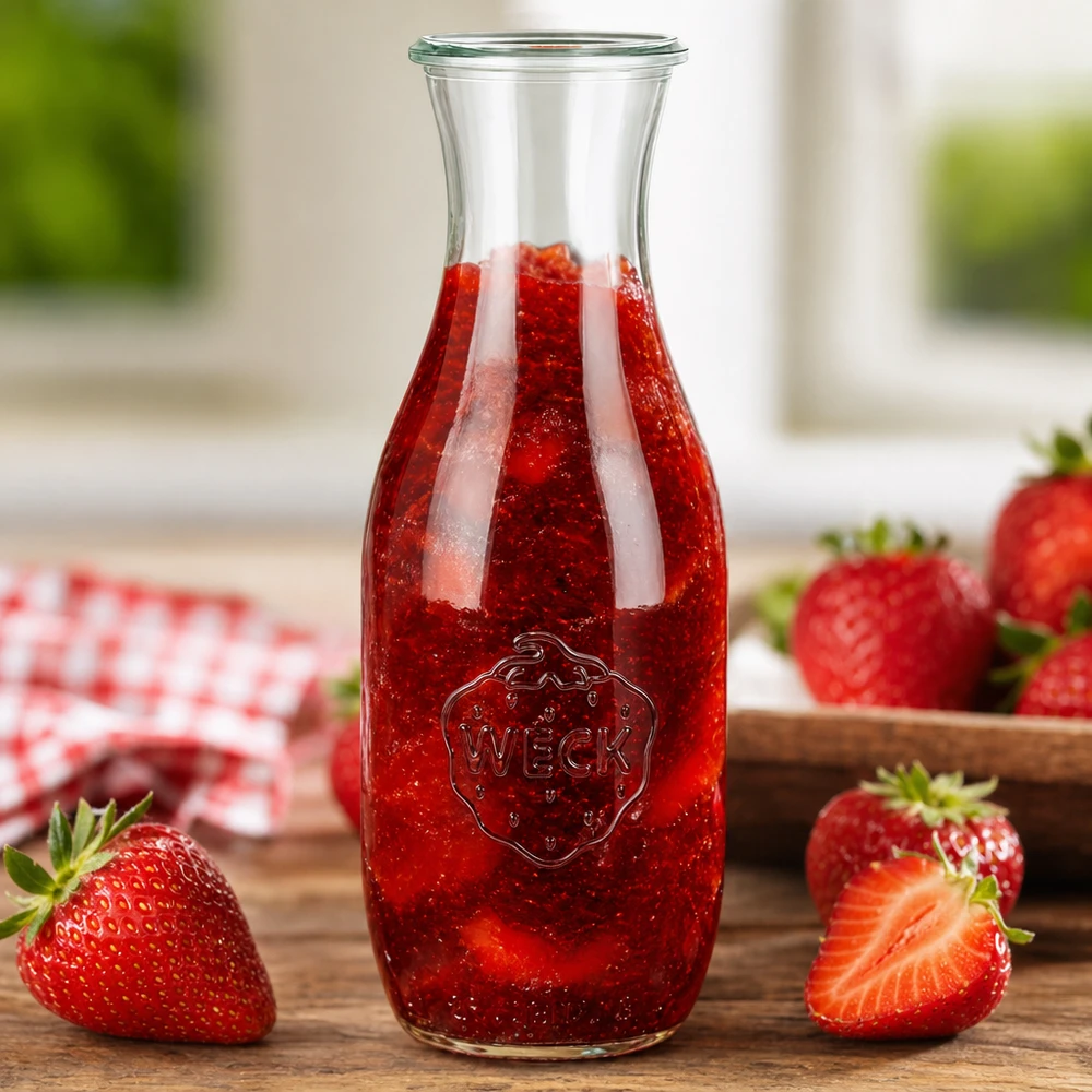 1062ml Saftflasche WECK RR60 WECK Saftflasche 1062ml RR60 mit rotem Erdbeersaft gefüllt umgeben von frischen Erdbeeren auf Holzuntergrund