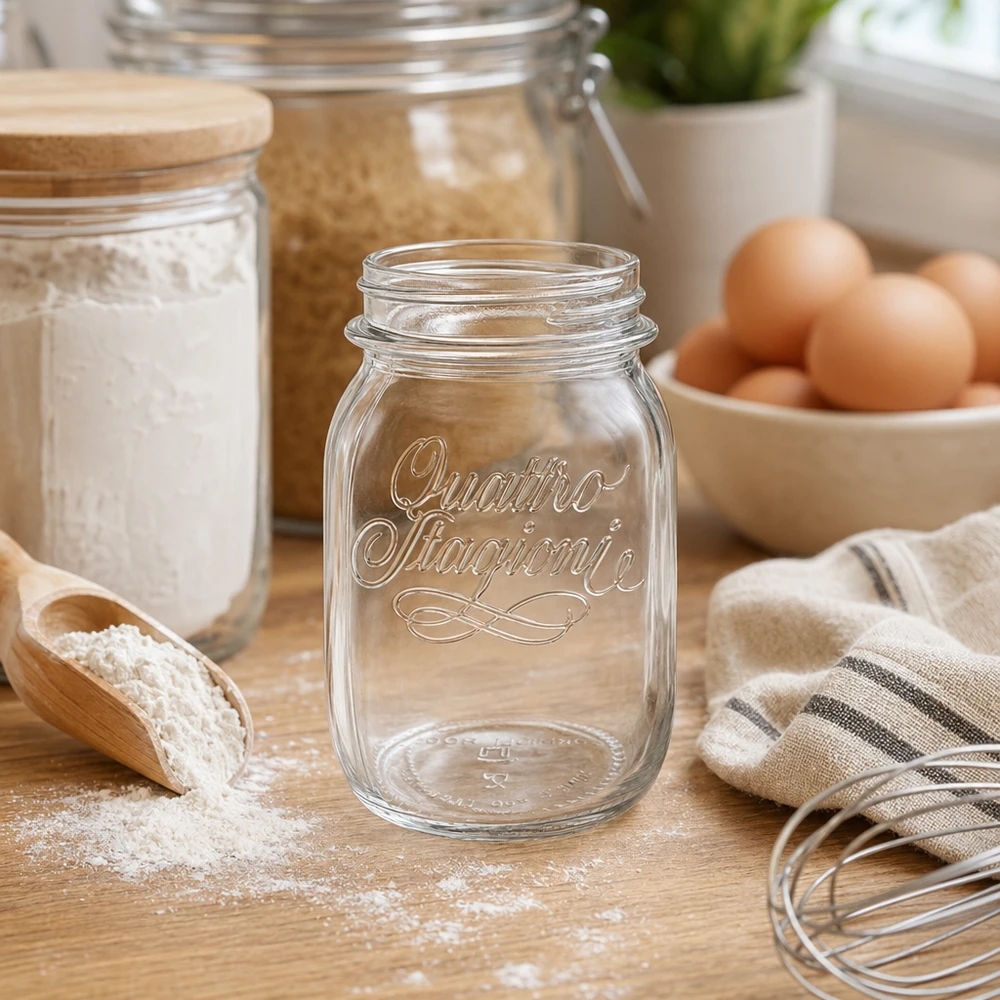 500ml Quattro Stagioni Haushaltsglas aus Glas auf Holztisch mit Küchenutensilien Eiern und Mehl im Hintergrund