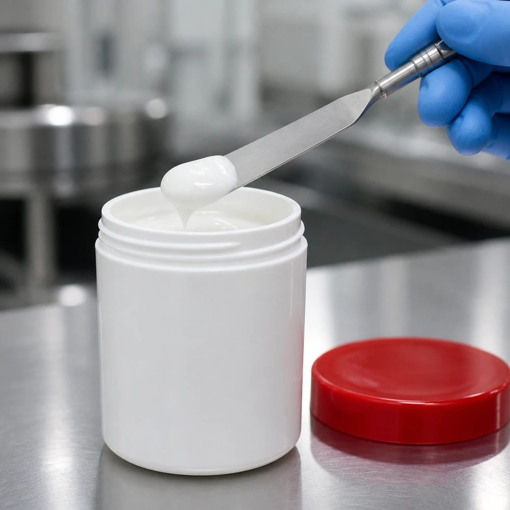 Salbenkruke 200g weiß PP mit rotem Schraubdeckel für professionelle Abfüllung von Cremes und Salben