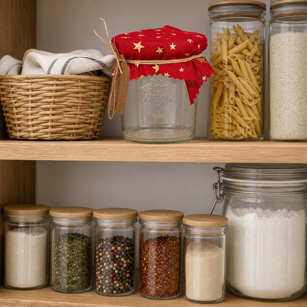 Rotes Sterne-Schmuckdeckchen 12cm eckig auf WECK Glas in organisierter Vorratsküche mit Gewürzen und Pasta