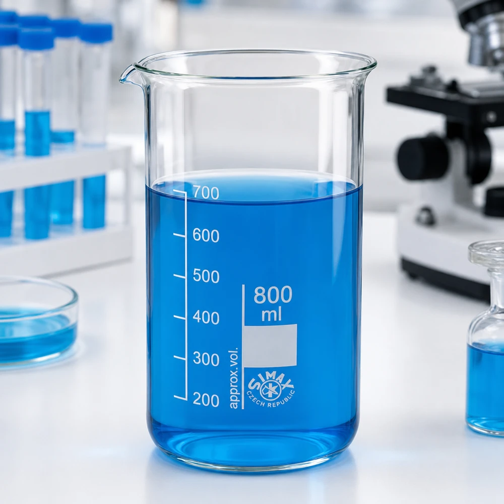Becherglas 800ml hohe Form aus Borosilikatglas mit blauer Flüssigkeit im Labor für professionellen Einsatz