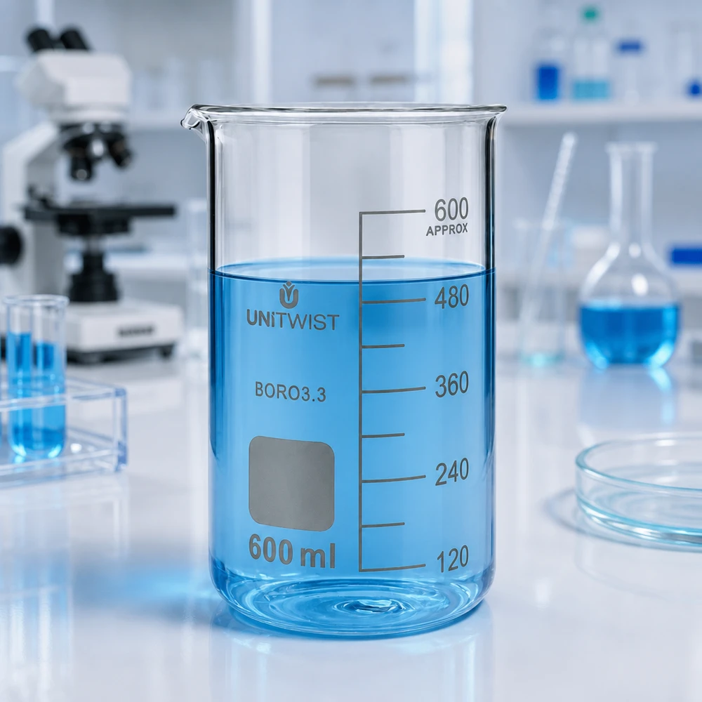 Becherglas 600ml Borosilikatglas hohe Form UNITWIST mit blauer Flüssigkeit im Labor für professionellen Einsatz